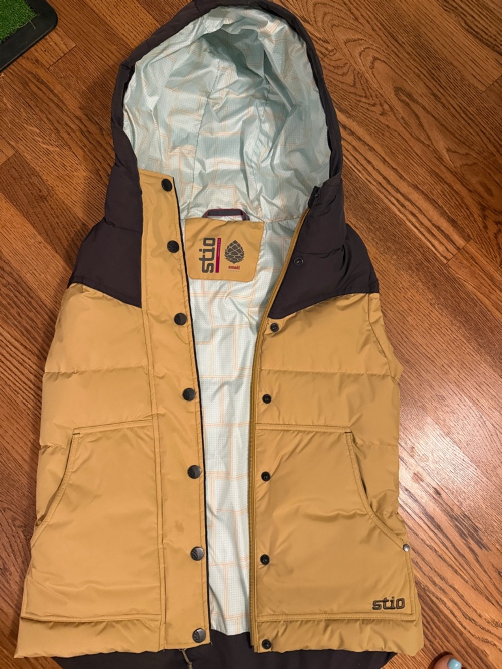 Stio Mustard Yellow and Dark Brown Hooded Puffer Vest